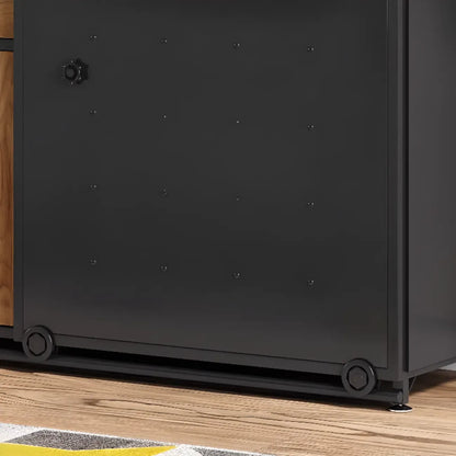 Buffet industriel en bois noir à 4 étagères et portes coulissantes.