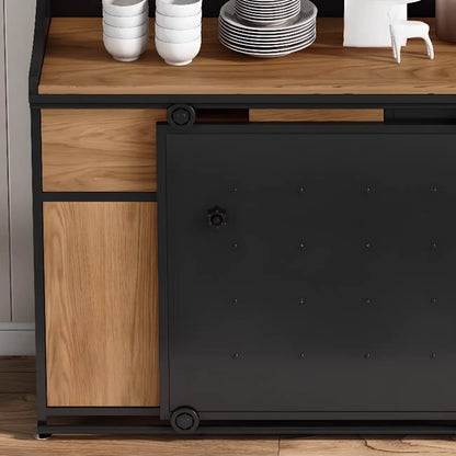 Buffet industriel en bois noir à 4 étagères et portes coulissantes.