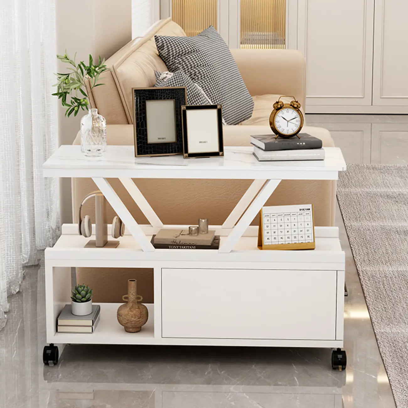 Table d'appoint mobile rectangulaire avec plateau en pierre frittée grise et rangement