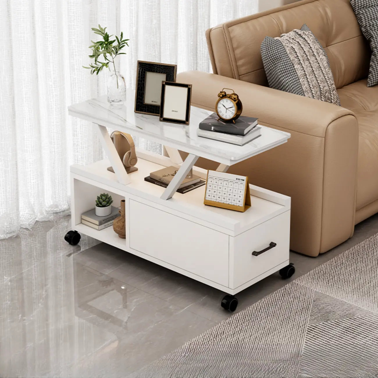 Table d'appoint mobile rectangulaire avec plateau en pierre frittée grise et rangement