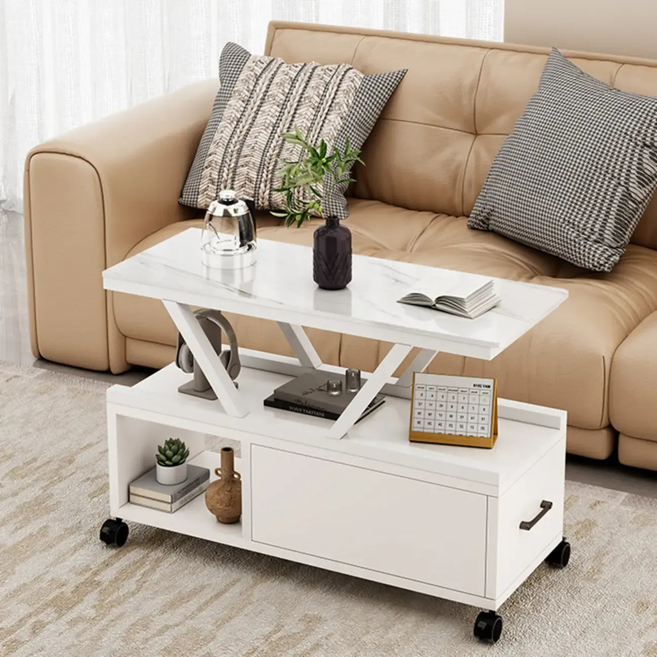 Table d'appoint mobile rectangulaire avec plateau en pierre frittée grise et rangement