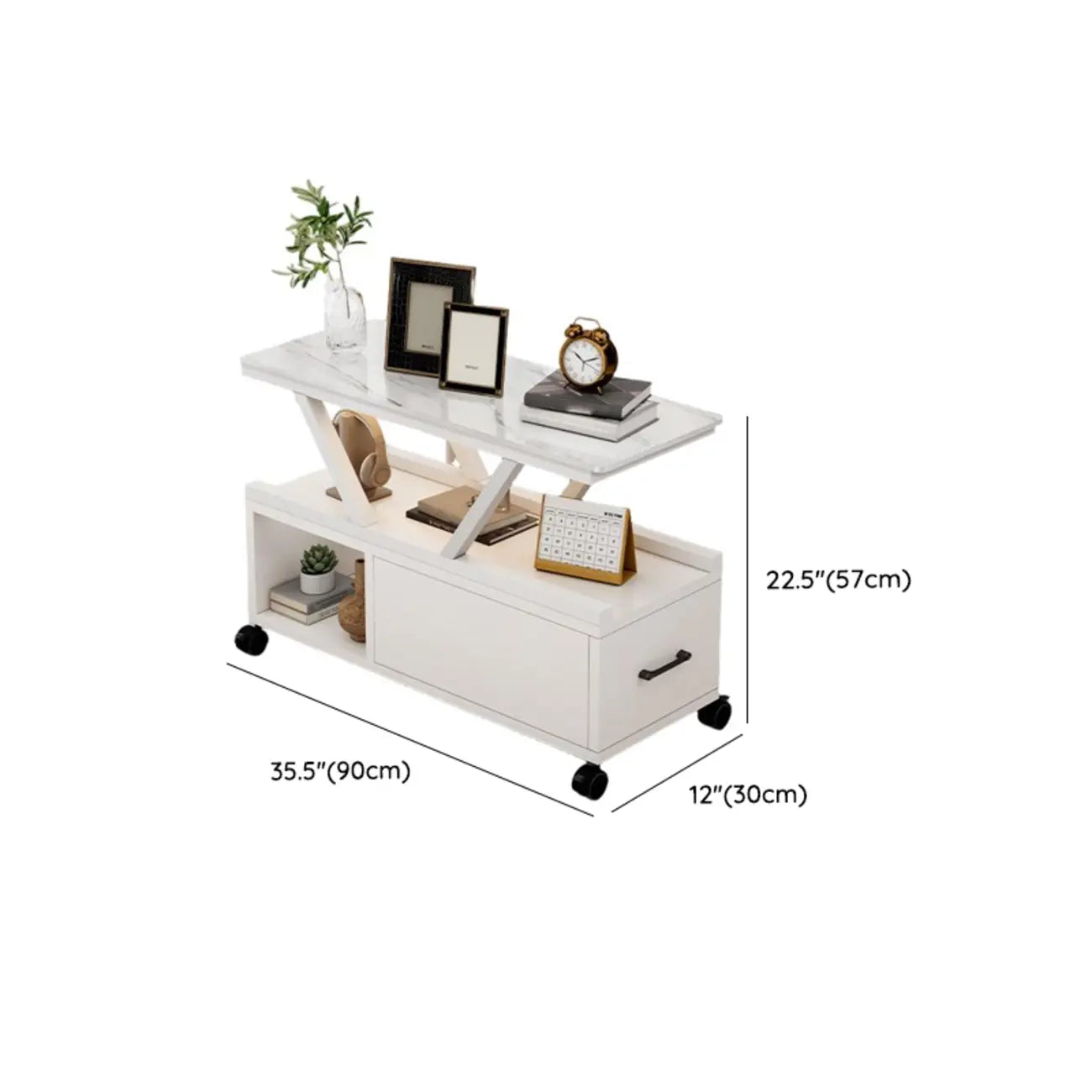 Table d'appoint mobile rectangulaire avec plateau en pierre frittée grise et rangement