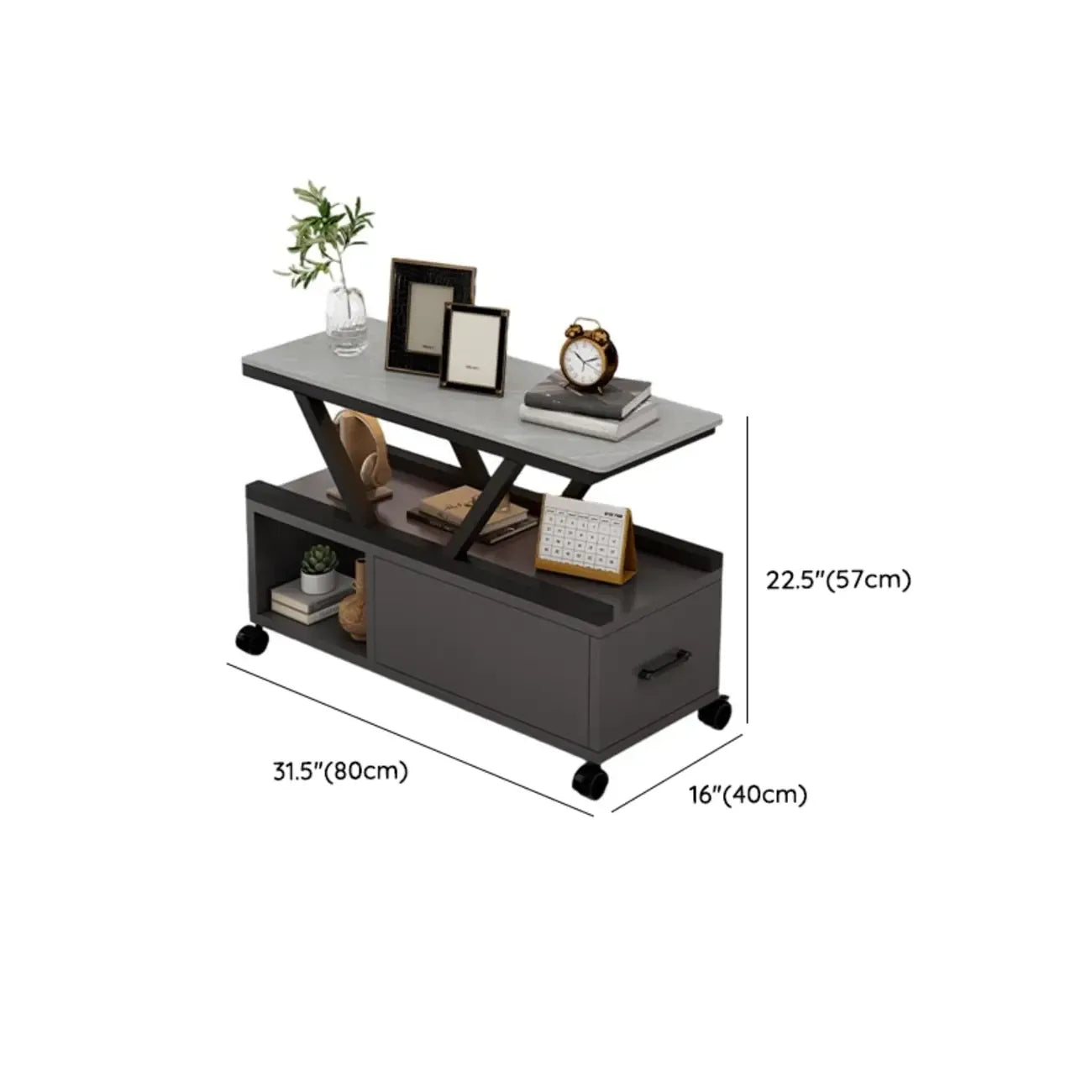 Table d'appoint mobile rectangulaire avec plateau en pierre frittée grise et rangement