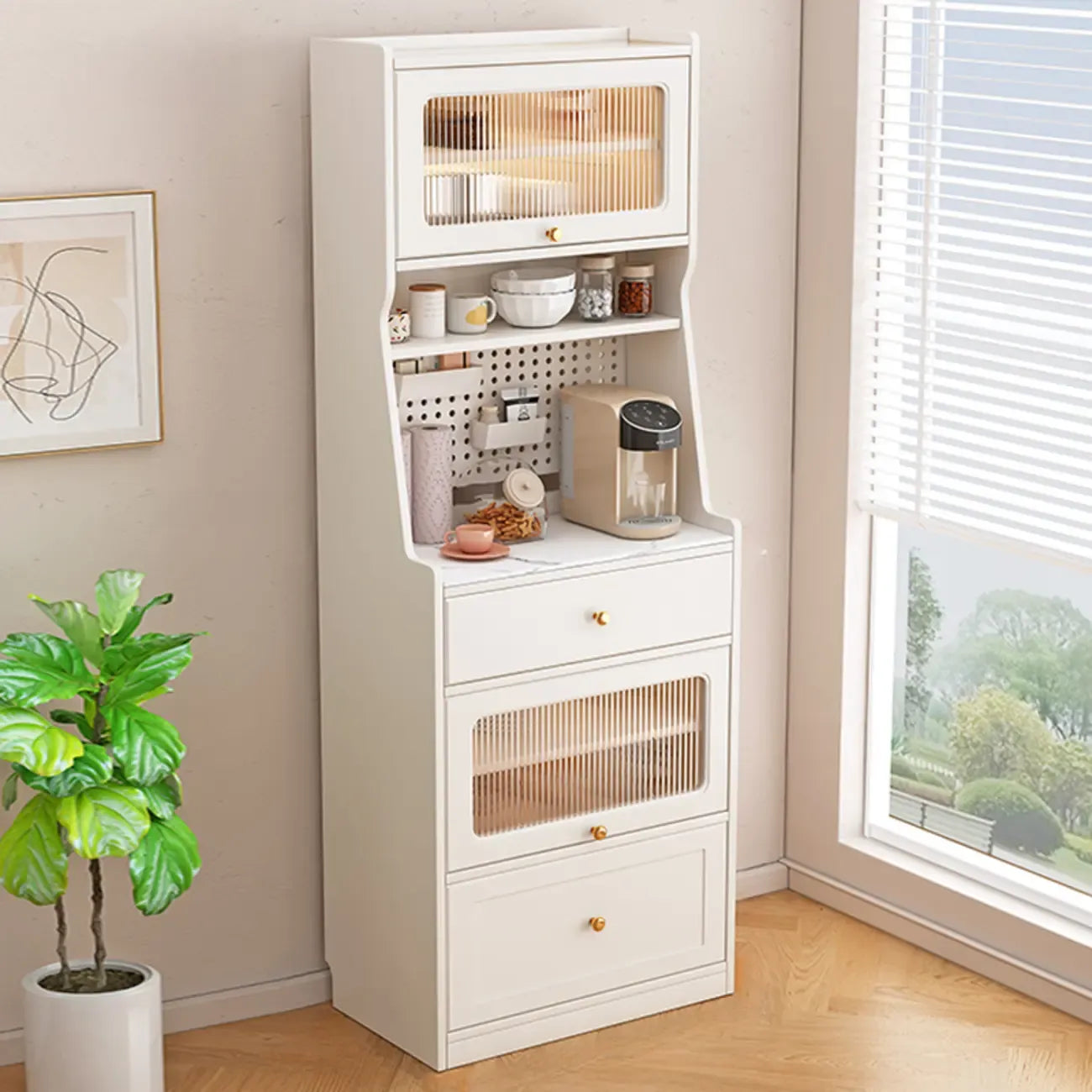 Buffet en bois avec comptoir en pierre blanche haute pour cuisine