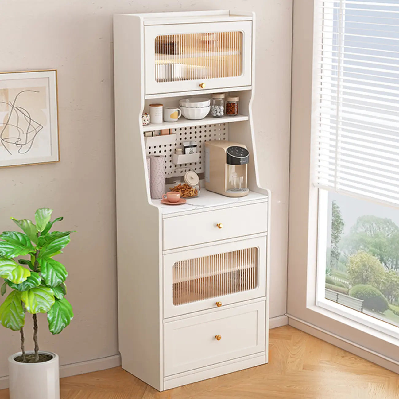 Buffet en bois avec comptoir en pierre blanche haute pour cuisine