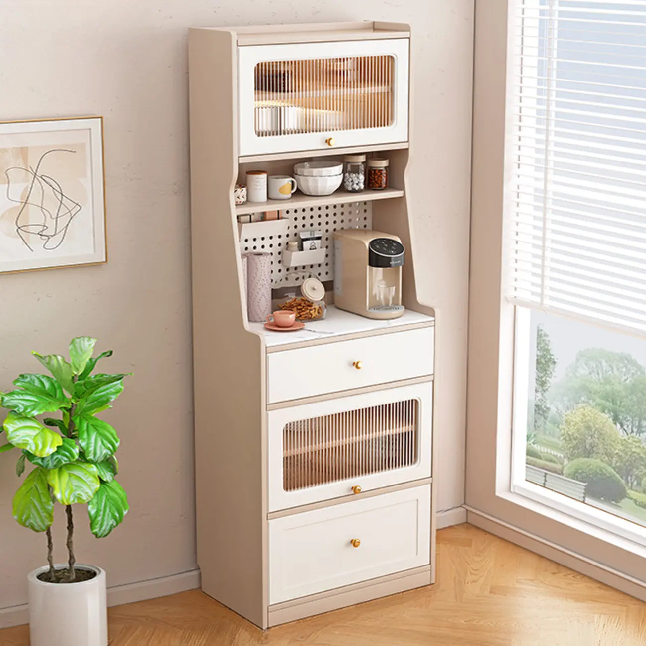 Buffet en bois avec comptoir en pierre blanche haute pour cuisine