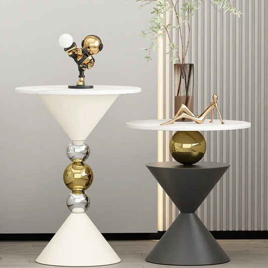 Table d'appoint ronde glamour en pierre blanche avec pied en souche