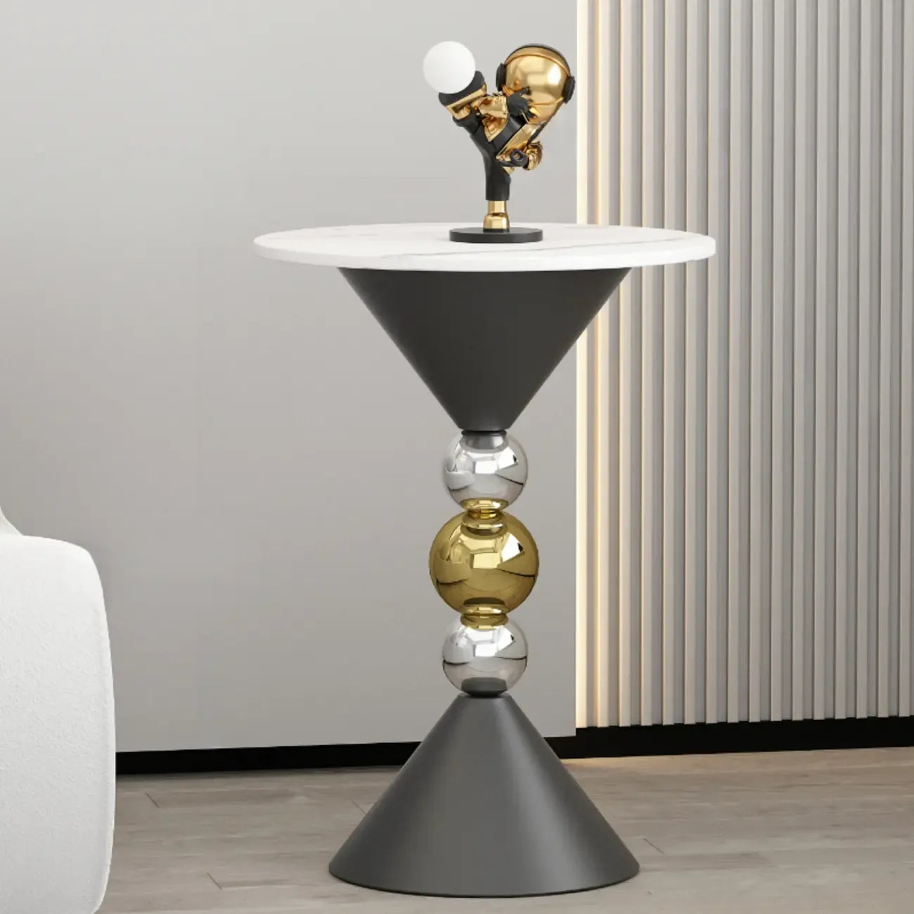 Table d'appoint ronde glamour en pierre blanche avec pied en souche