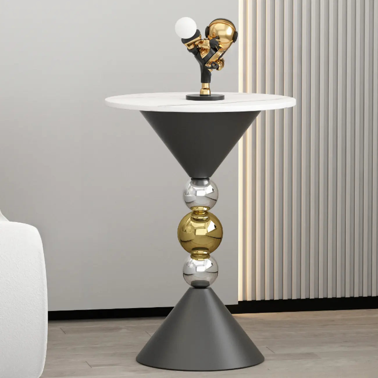 Table d'appoint ronde glamour en pierre blanche avec pied en souche