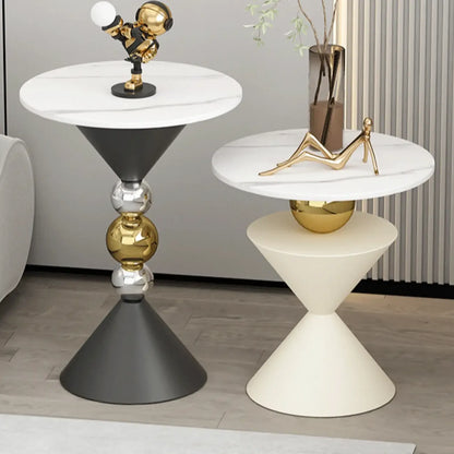 Table d'appoint ronde glamour en pierre blanche avec pied en souche