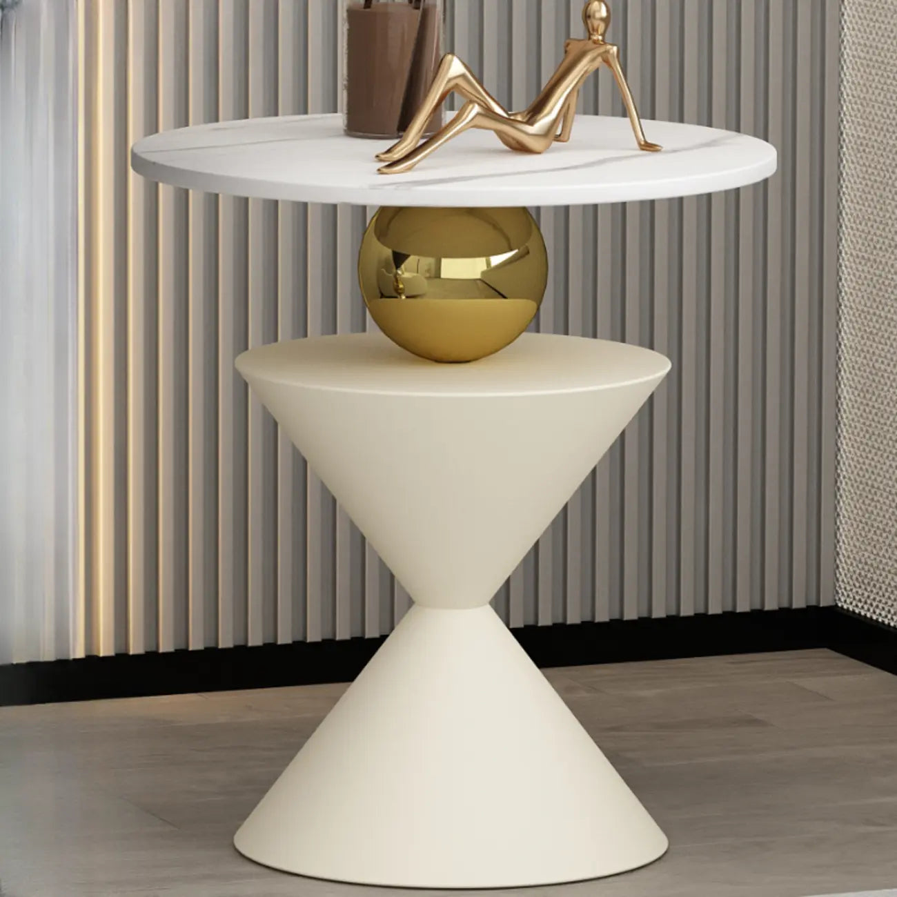 Table d'appoint ronde glamour en pierre blanche avec pied en souche