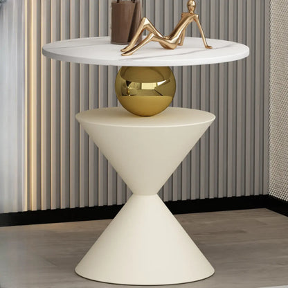 Table d'appoint ronde glamour en pierre blanche avec pied en souche