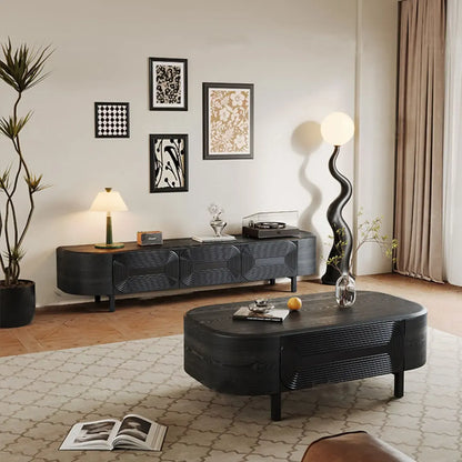 Meuble TV en bois noir de style Mid-Century Modern avec tiroirs