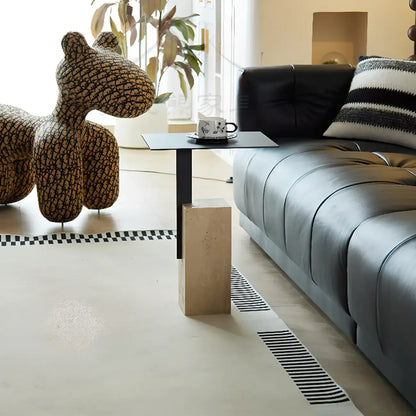 Table d'appoint carrée moderne en travertin et métal sur pied