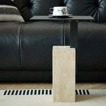 Table d'appoint carrée moderne en travertin et métal sur pied