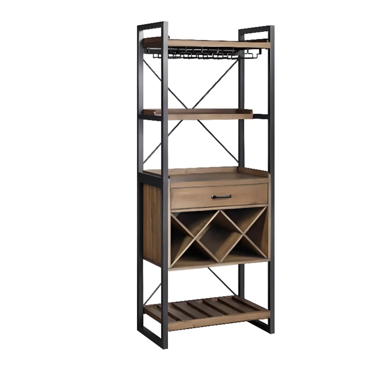 Porte-bouteilles et porte-verres en bois naturel brun et casier à vin ouvert