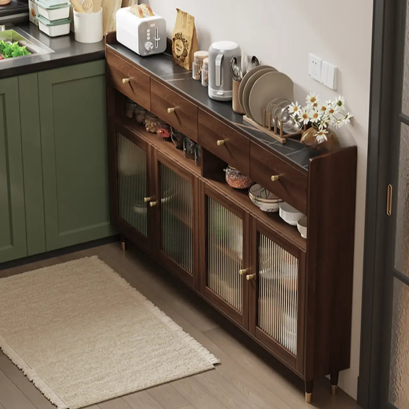Buffet moderne en bois avec portes et étagères vitrées