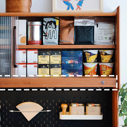 Buffet scandinave en merisier et pin avec rangements ouverts