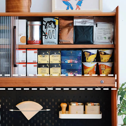 Buffet scandinave en merisier et pin avec rangements ouverts