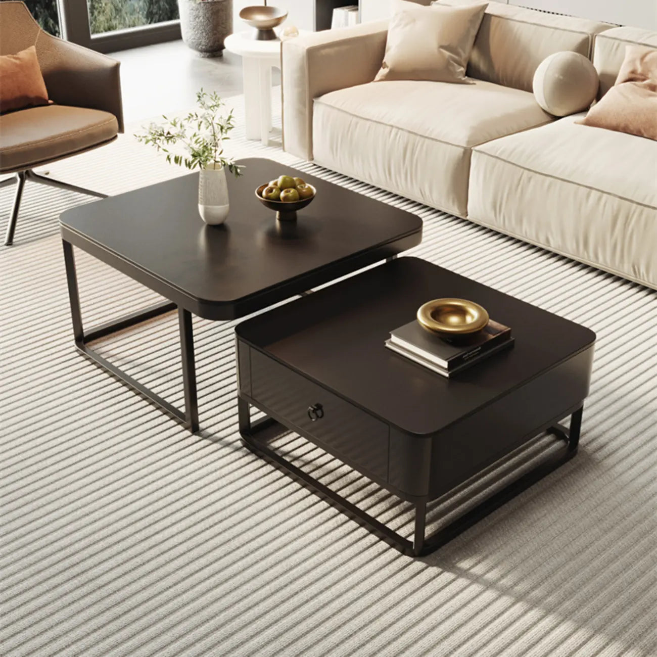 Table basse gigogne carrée moderne en bois et pierre