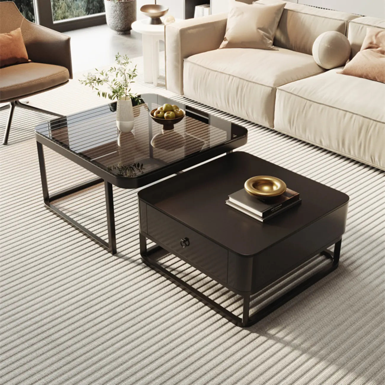 Table basse gigogne carrée moderne en bois et pierre