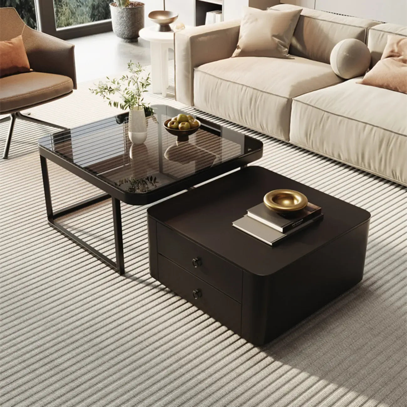 Table basse gigogne carrée moderne en bois et pierre