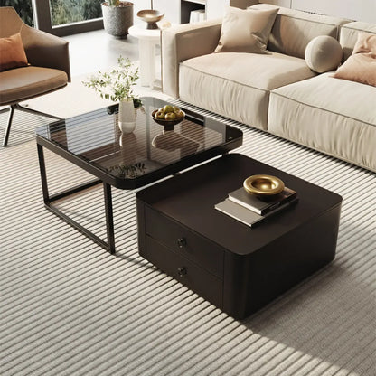 Table basse gigogne carrée moderne en bois et pierre