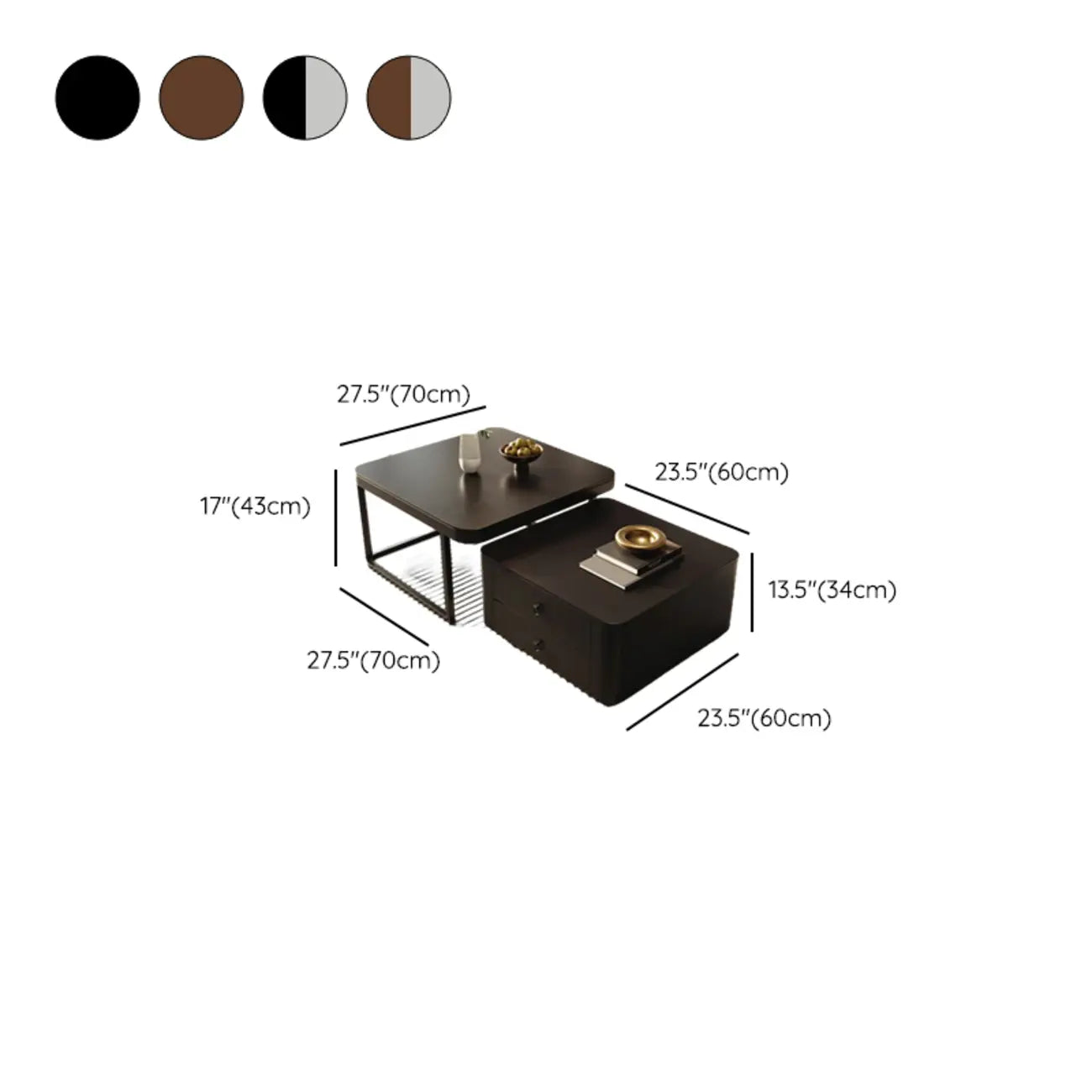 Table basse gigogne carrée moderne en bois et pierre