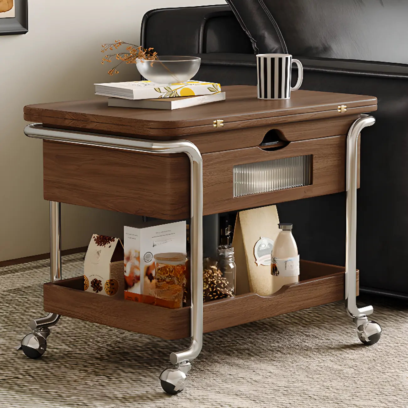 Table d'appoint pratique et traditionnelle en bois à roulettes