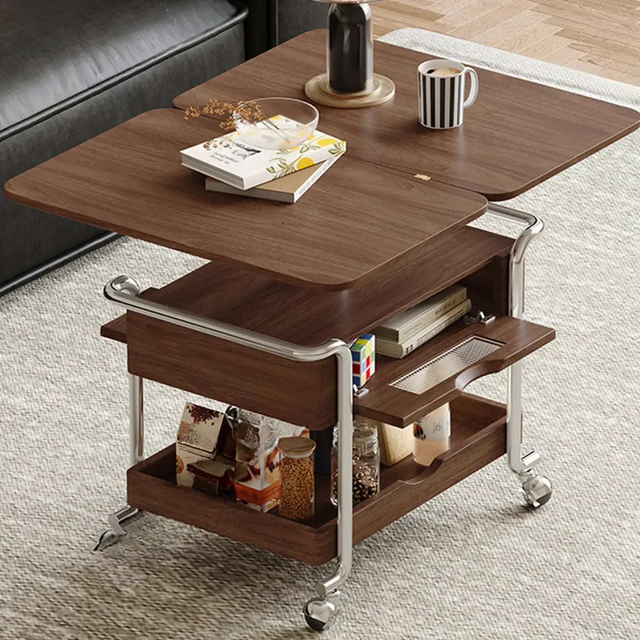 Table d'appoint pratique et traditionnelle en bois à roulettes