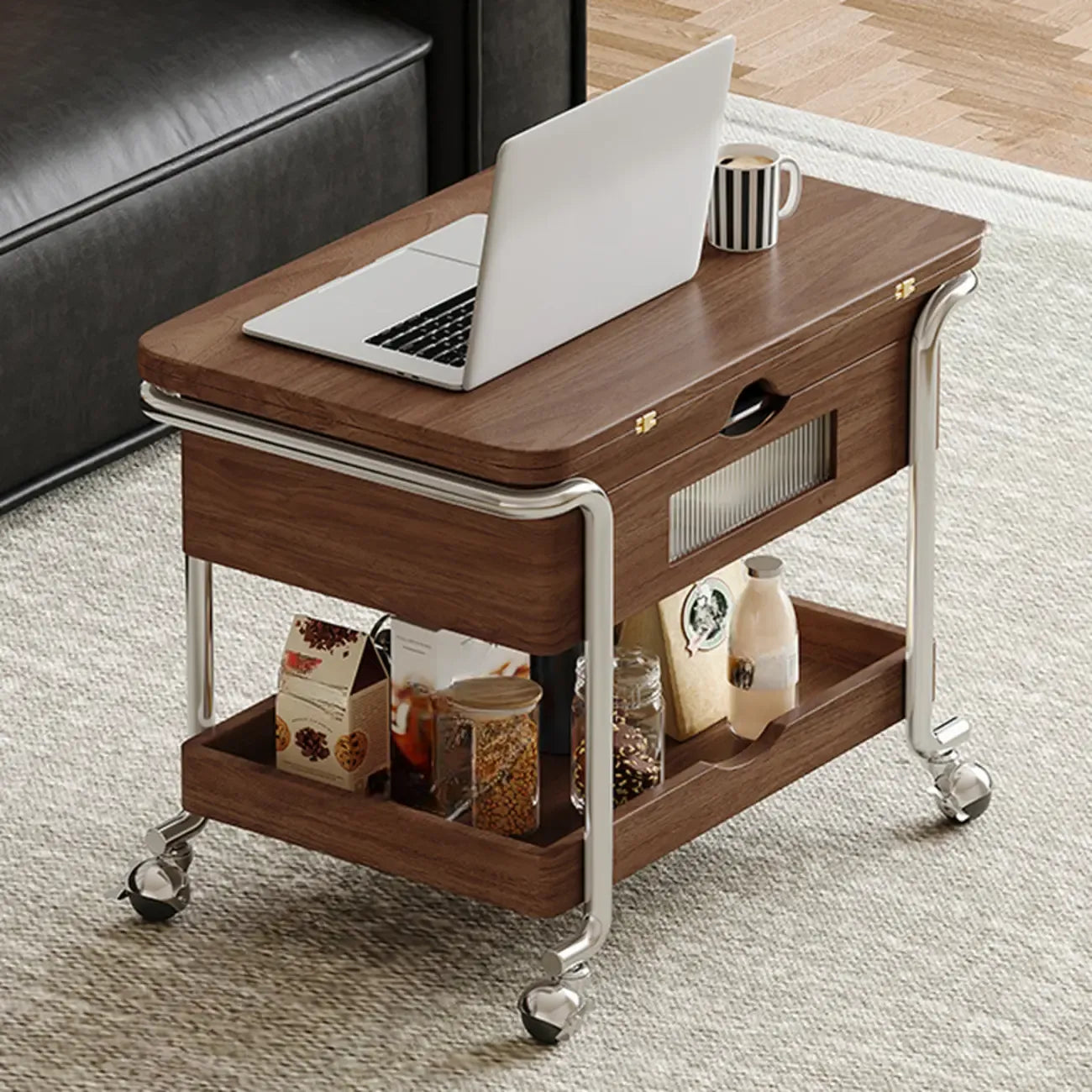 Table d'appoint pratique et traditionnelle en bois à roulettes