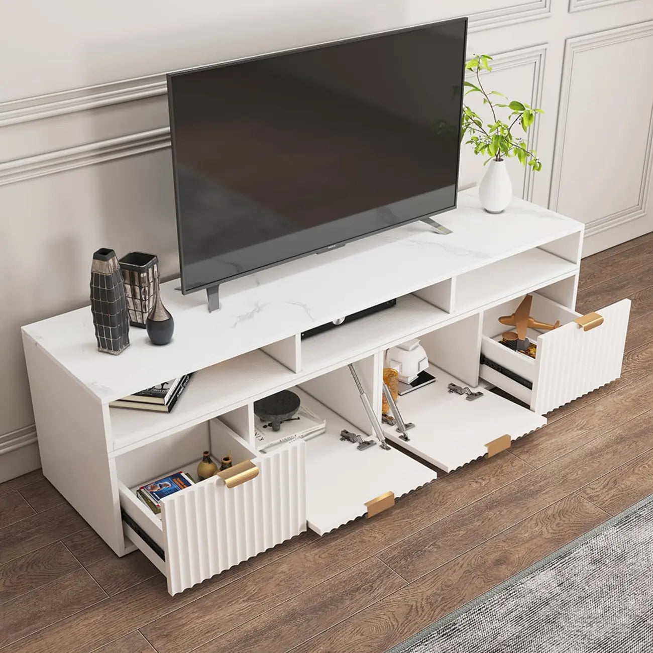 Meuble TV d'angle moderne blanc à 2 tiroirs avec rangement ouvert