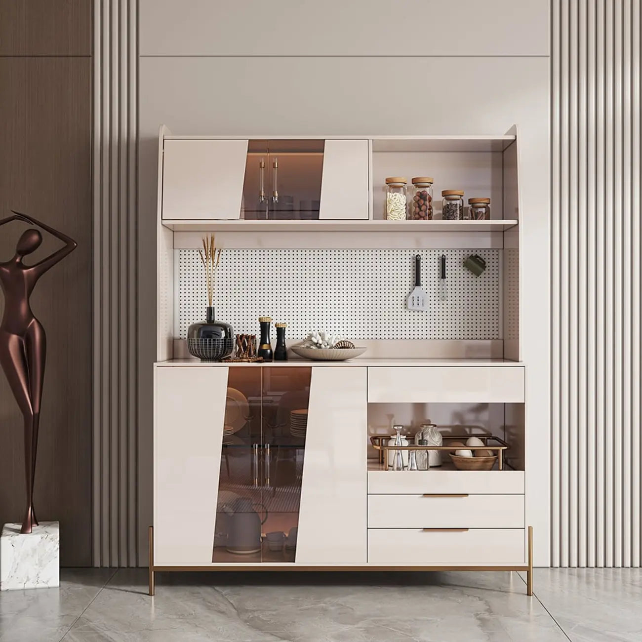 Buffet de rangement de luxe en MDF avec panneau perforé et accents dorés