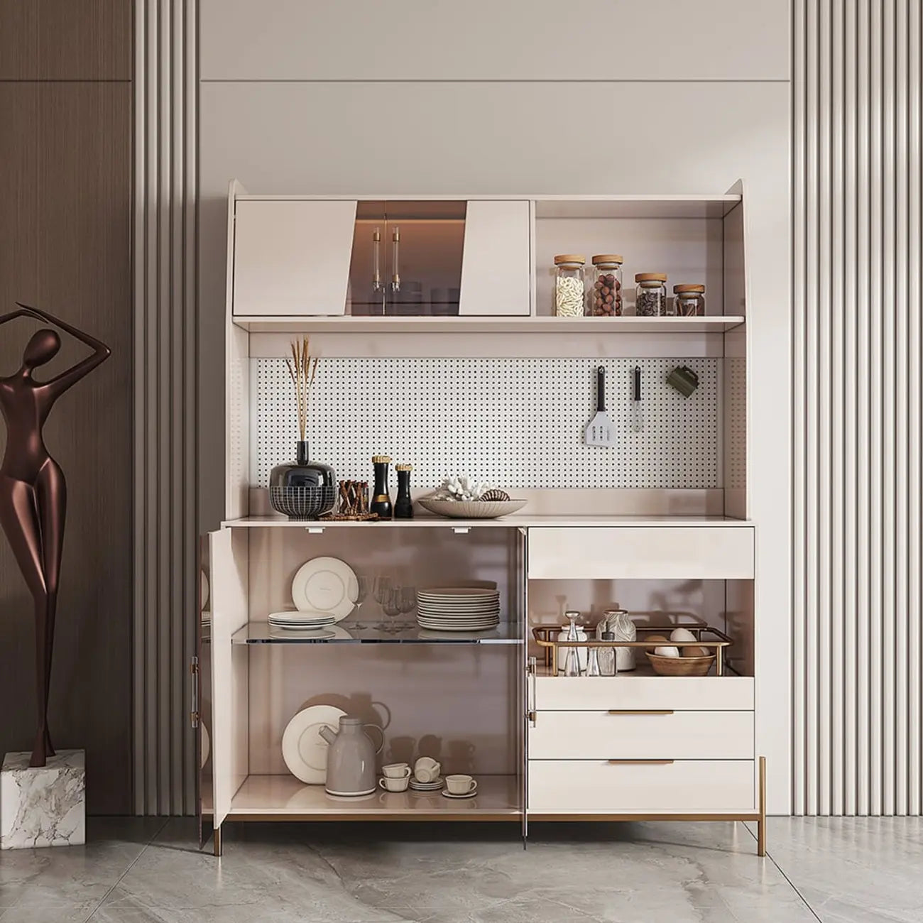 Buffet de rangement de luxe en MDF avec panneau perforé et accents dorés