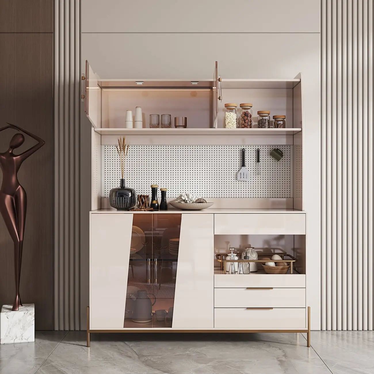 Buffet de rangement de luxe en MDF avec panneau perforé et accents dorés