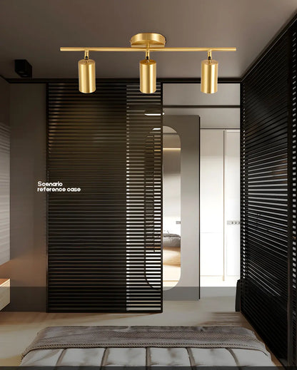 4 spots lumineux dorés sur rail avec têtes orientables