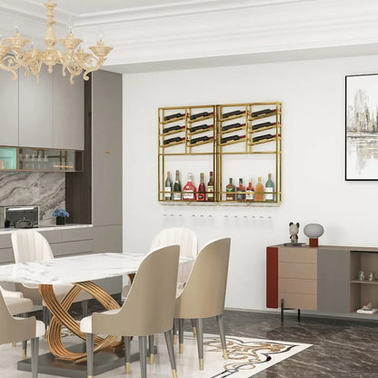 Casier à vin mural industriel en métal doré avec porte-bouteilles