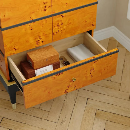 Meuble à vin rustique en loupe de bois avec tiroirs et porte-verres