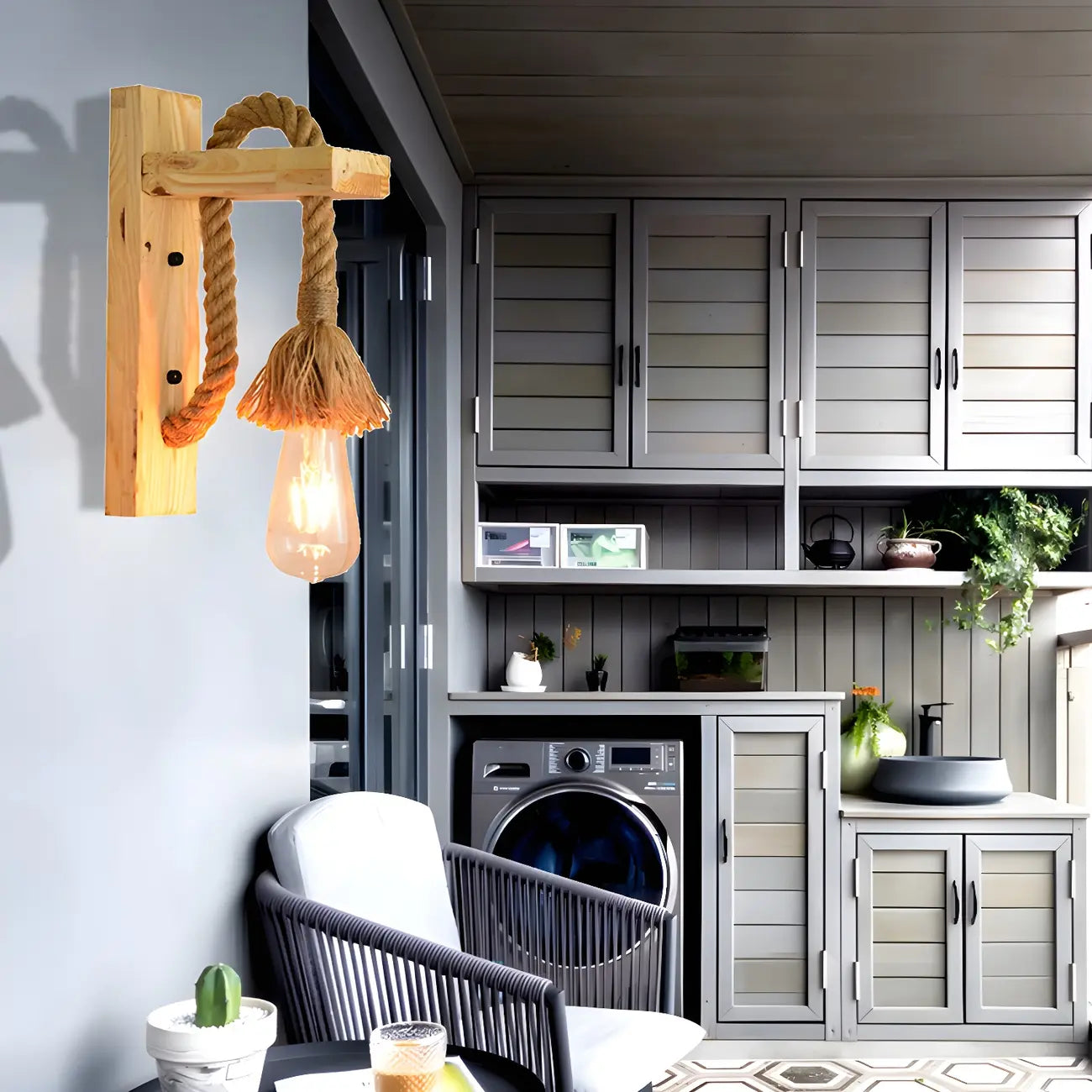 Applique murale industrielle rustique en corde de bois pour chambre à coucher