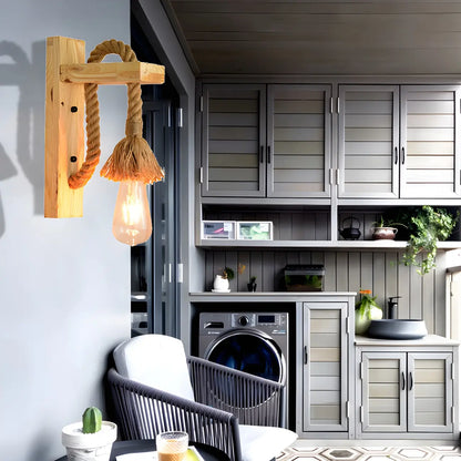 Applique murale industrielle rustique en corde de bois pour chambre à coucher