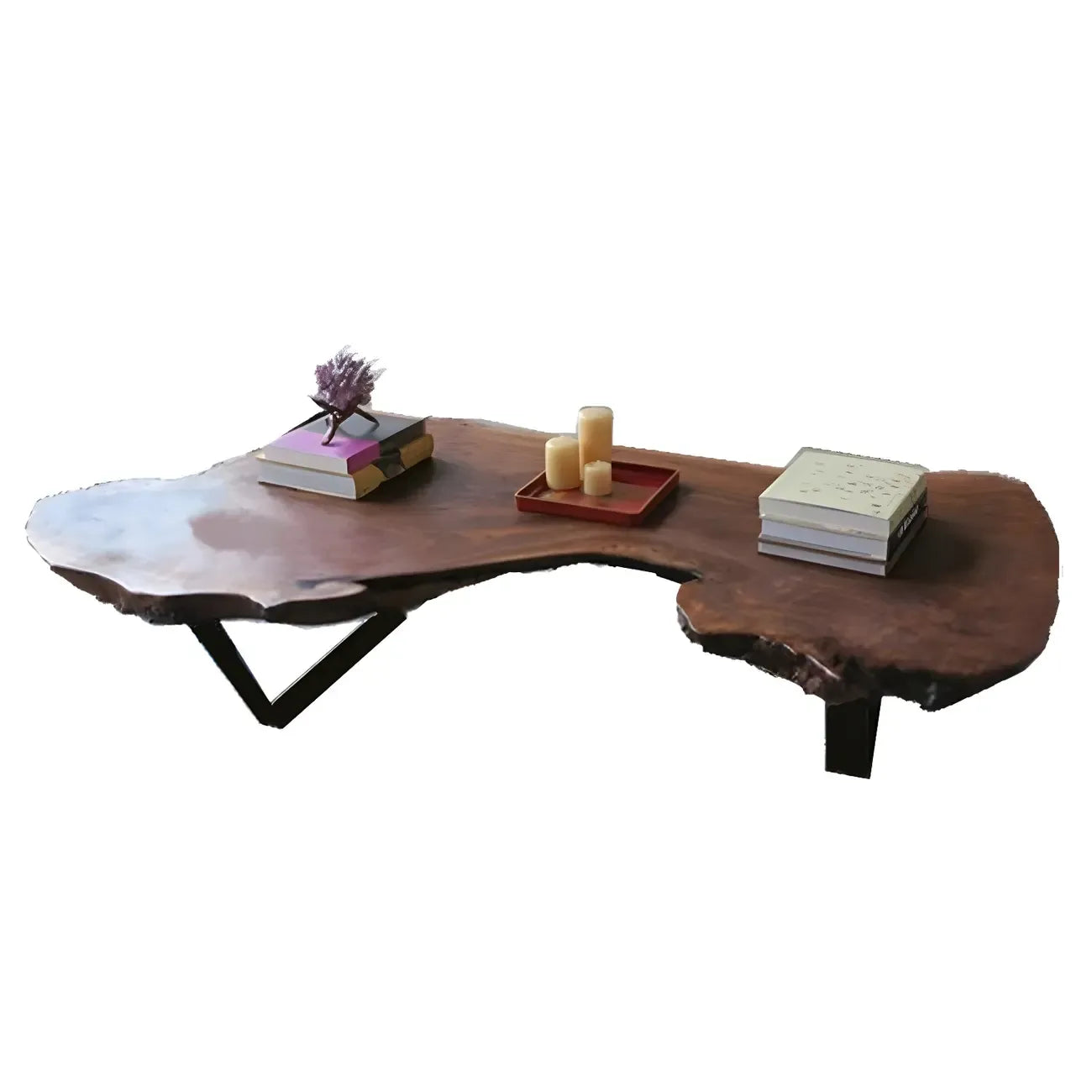 Table basse géométrique moderne avec plateau en bois rouge et piètement en acier
