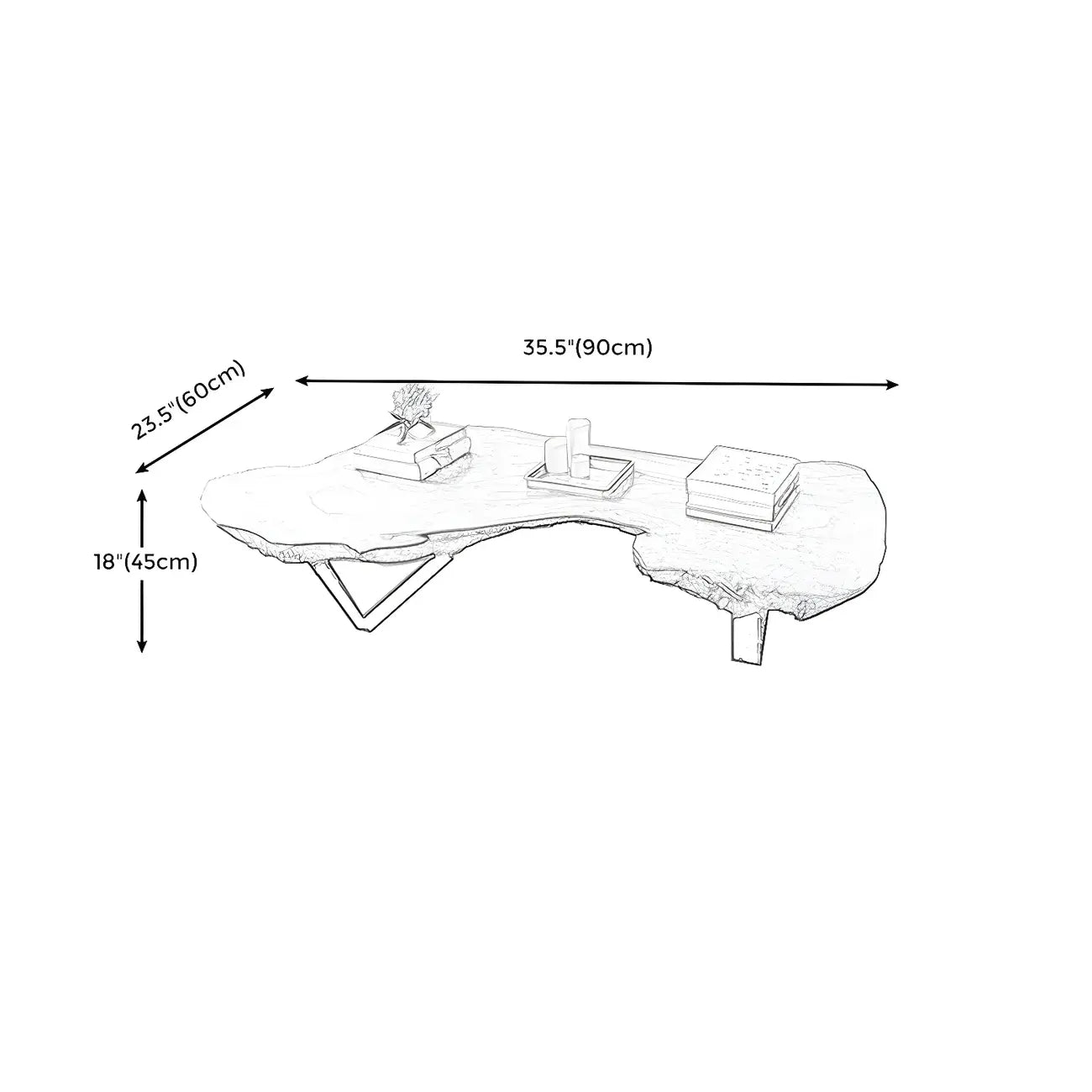 Table basse géométrique moderne avec plateau en bois rouge et piètement en acier