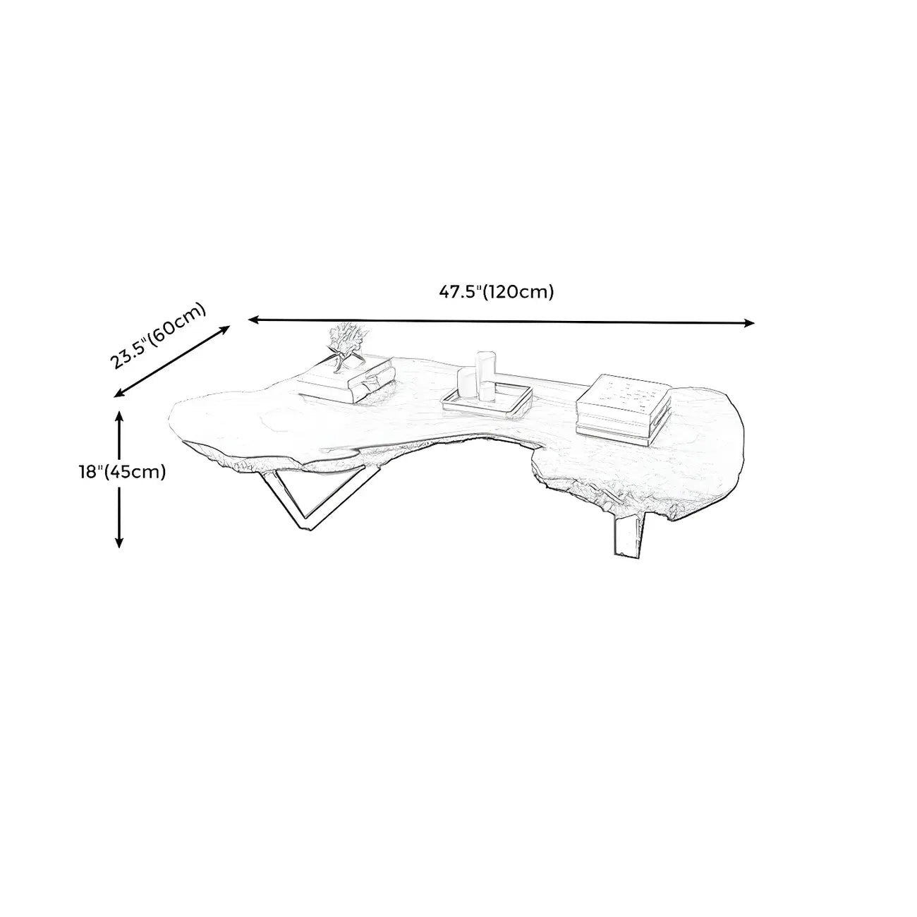 Table basse géométrique moderne avec plateau en bois rouge et piètement en acier