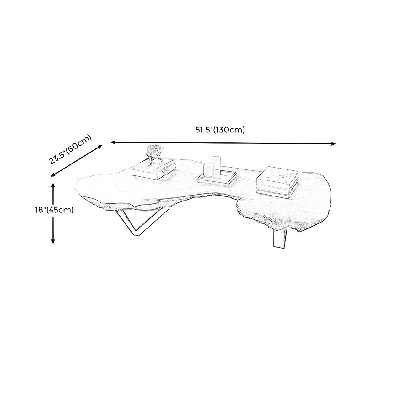 Table basse géométrique moderne avec plateau en bois rouge et piètement en acier