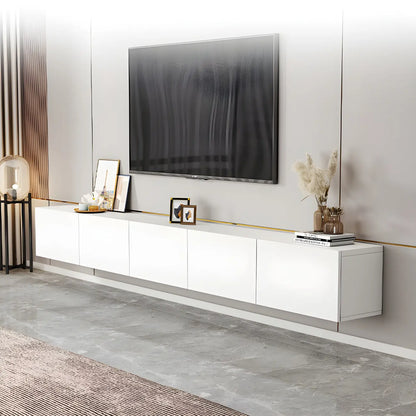 Meuble TV en bois blanc avec tiroirs et gestion des câbles (63 pouces)