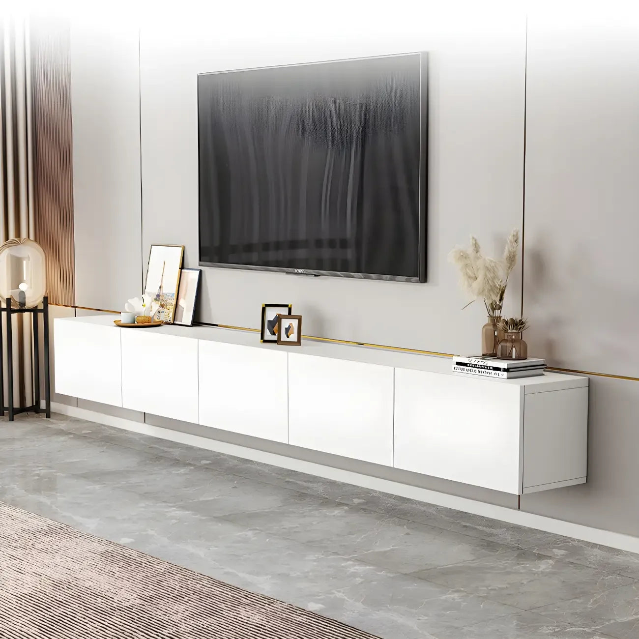 Meuble TV en bois blanc avec tiroirs et gestion des câbles (63 pouces)