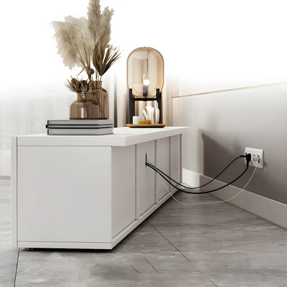 Meuble TV en bois blanc avec tiroirs et gestion des câbles (63 pouces)