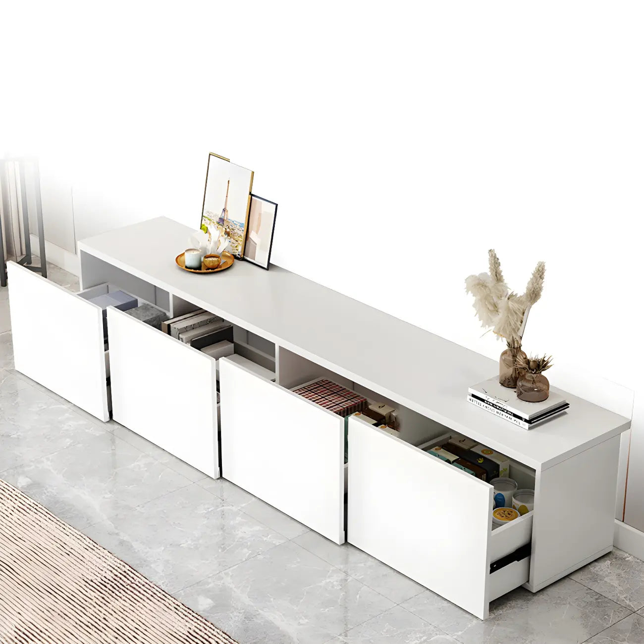 Meuble TV en bois blanc avec tiroirs et gestion des câbles (63 pouces)