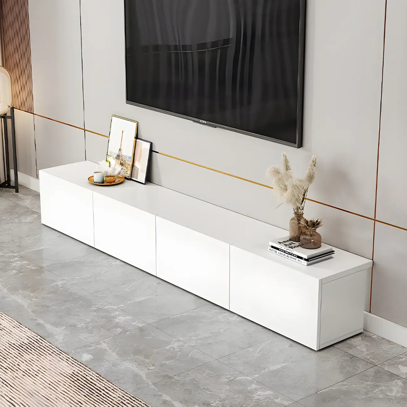 Meuble TV en bois blanc avec tiroirs et gestion des câbles (63 pouces)