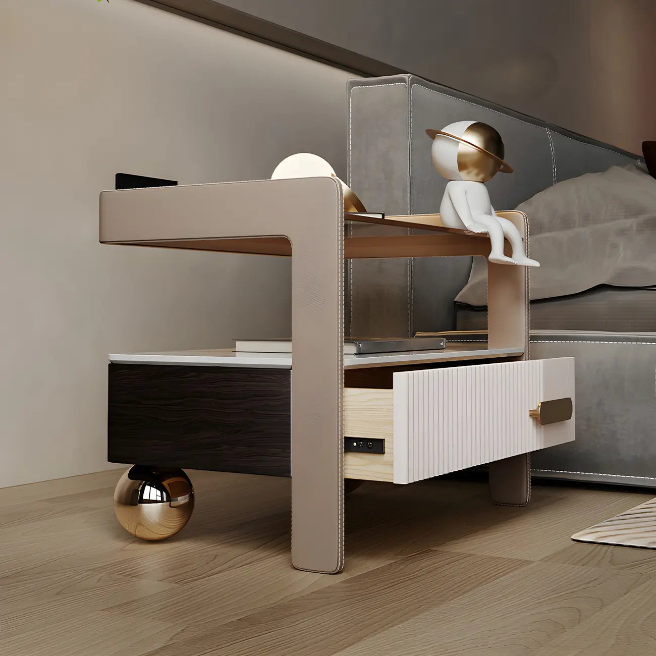 Table de chevet avec étagères et tiroirs ouverts en bois et éclairage LED